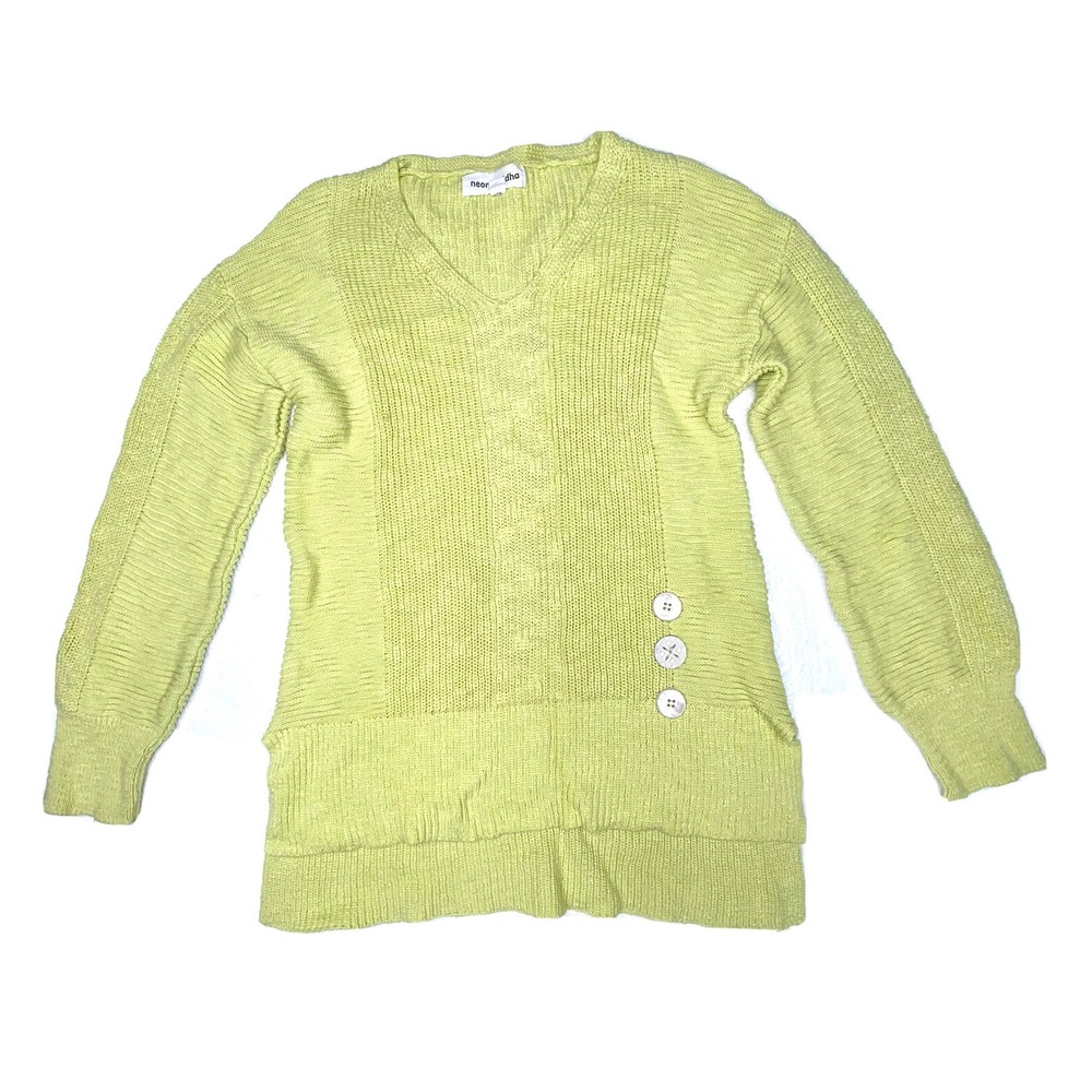 Neon Buddha Womens XS Lime Green V-Neck Knit Sweater Side Buttons Long Sleeve